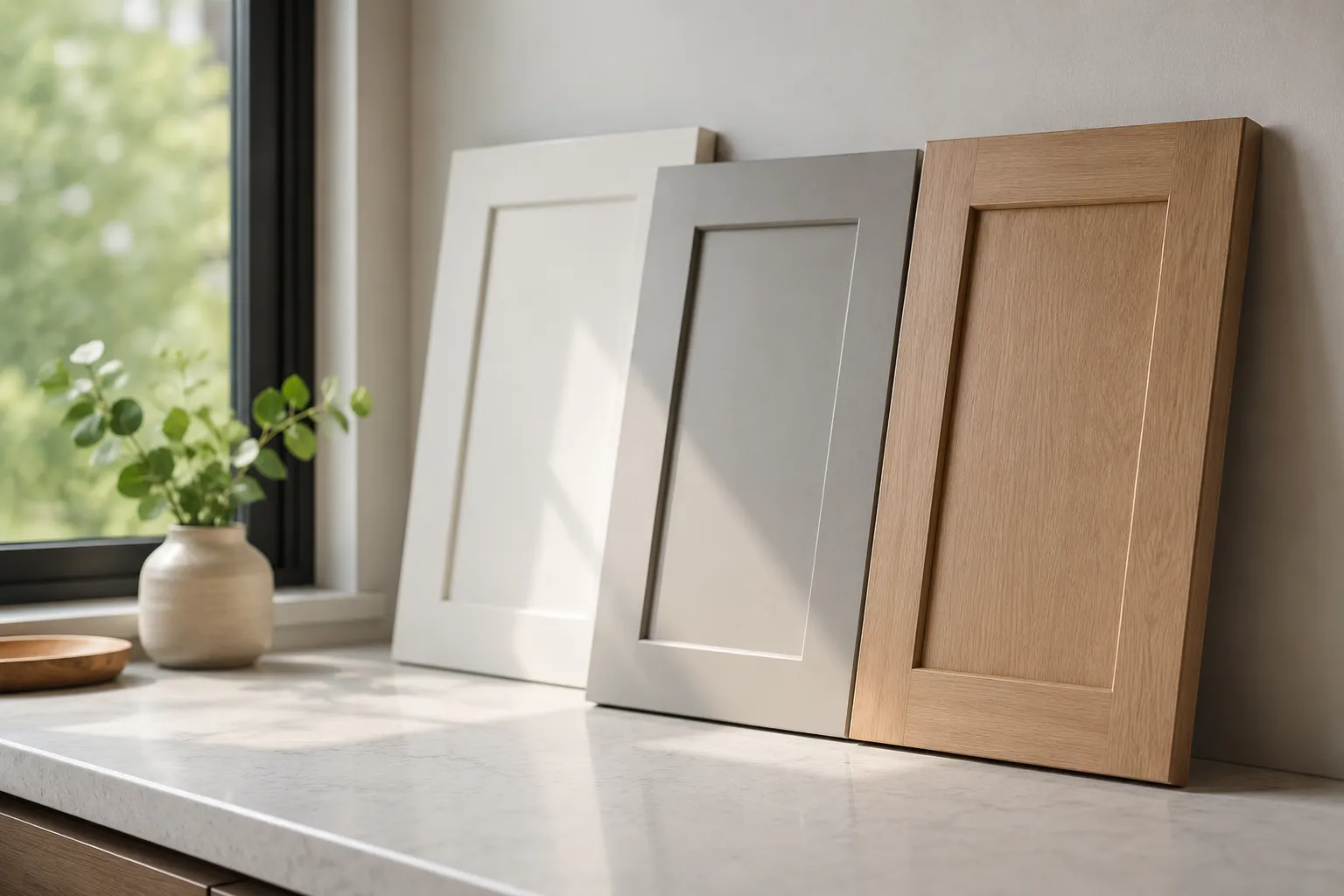 Three shaker cabinet door finish samples — white, gray, and natural oak — in natural window light