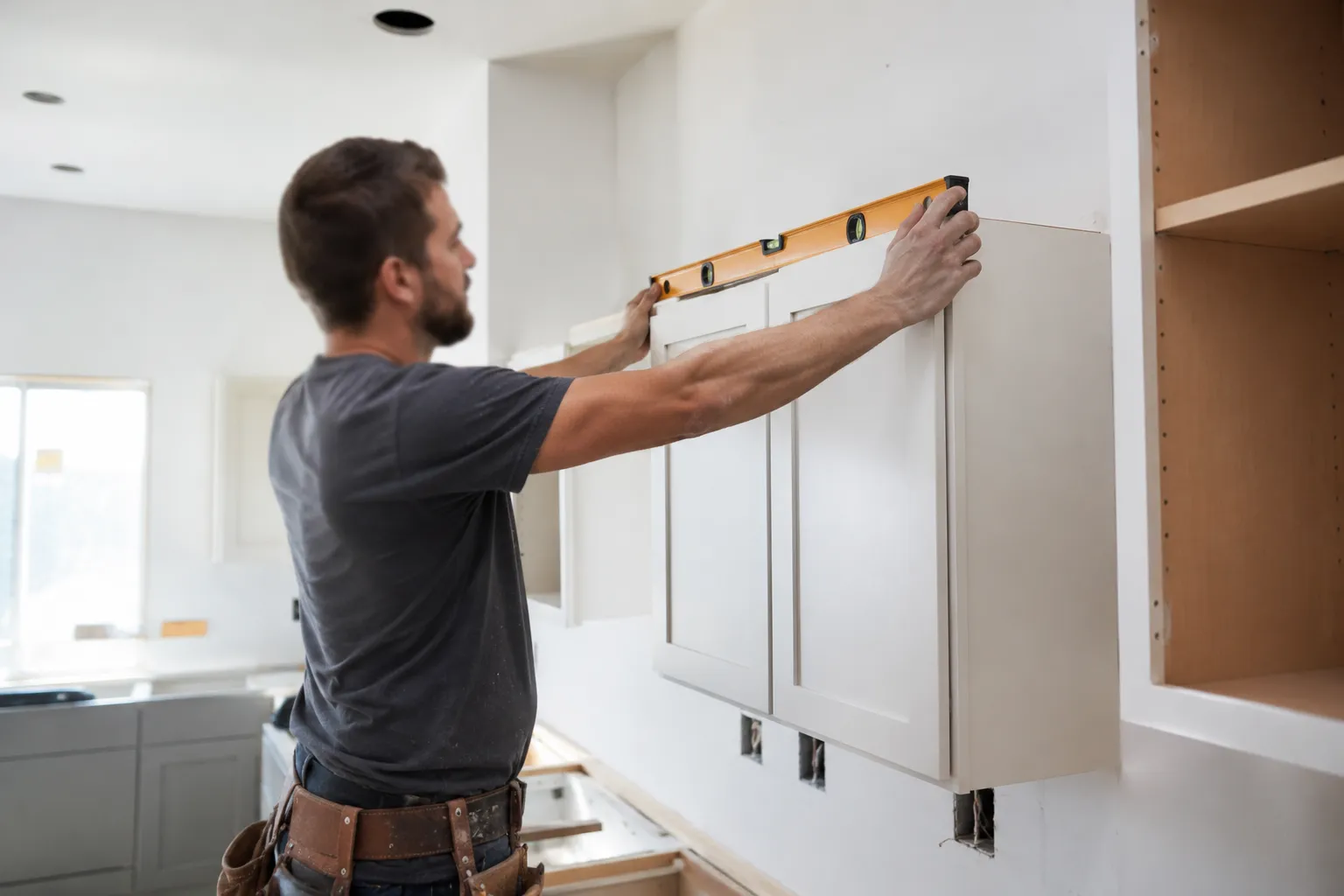An installer using a level to hang a white wall cabinet during a kitchen install