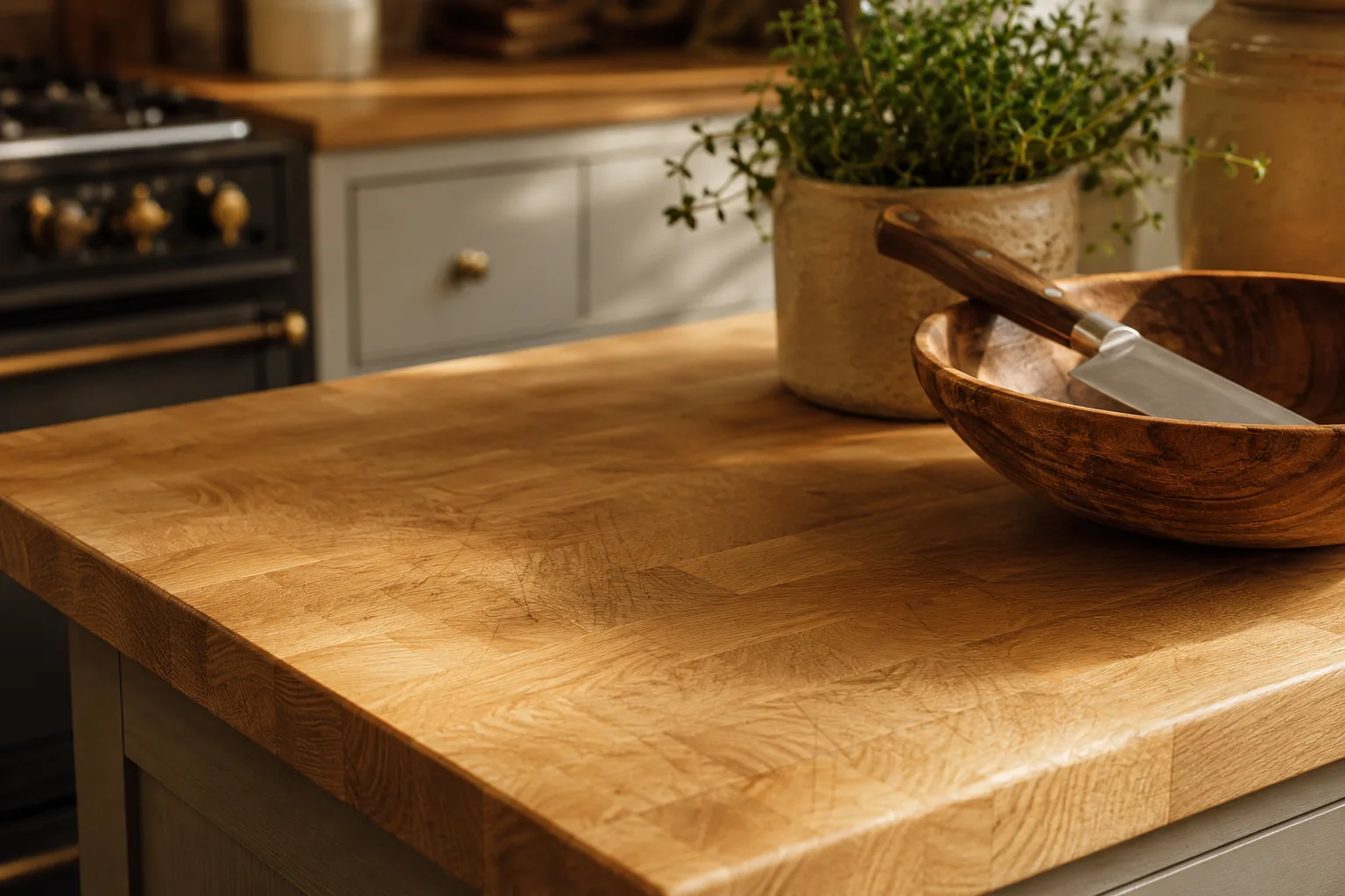An oak butcher block island top with a wooden bowl and knife, beside painted cabinetry