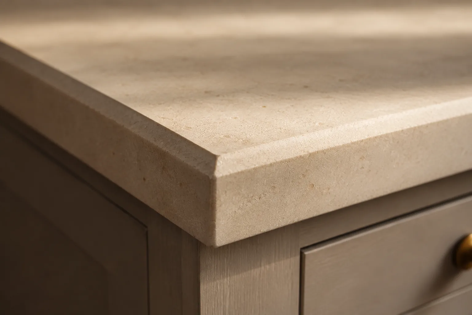 A close-up of a thick eased edge profile on a limestone-look countertop over painted cabinetry