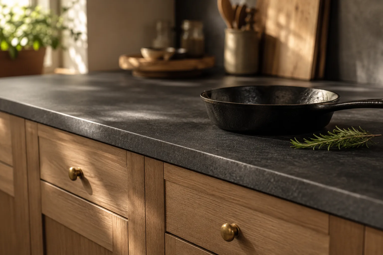 A dark honed granite countertop above natural oak cabinets, with a cast-iron skillet on the surface