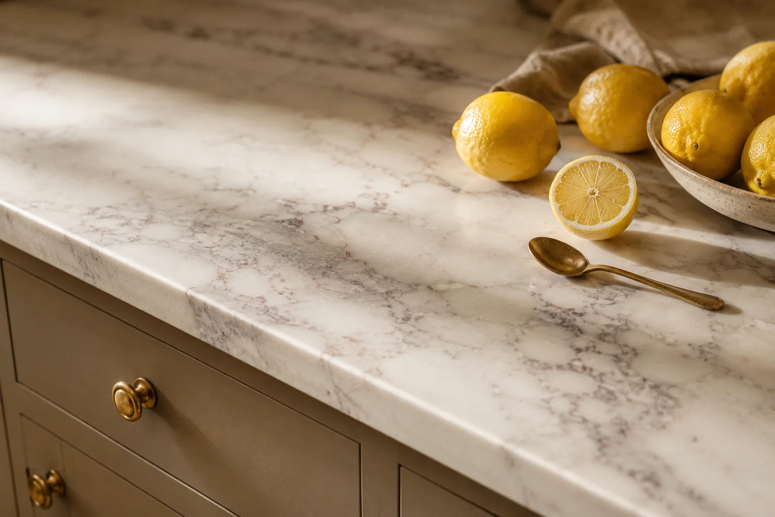 A white marble countertop with soft gray veining, a bowl of lemons and a cut lemon resting on it