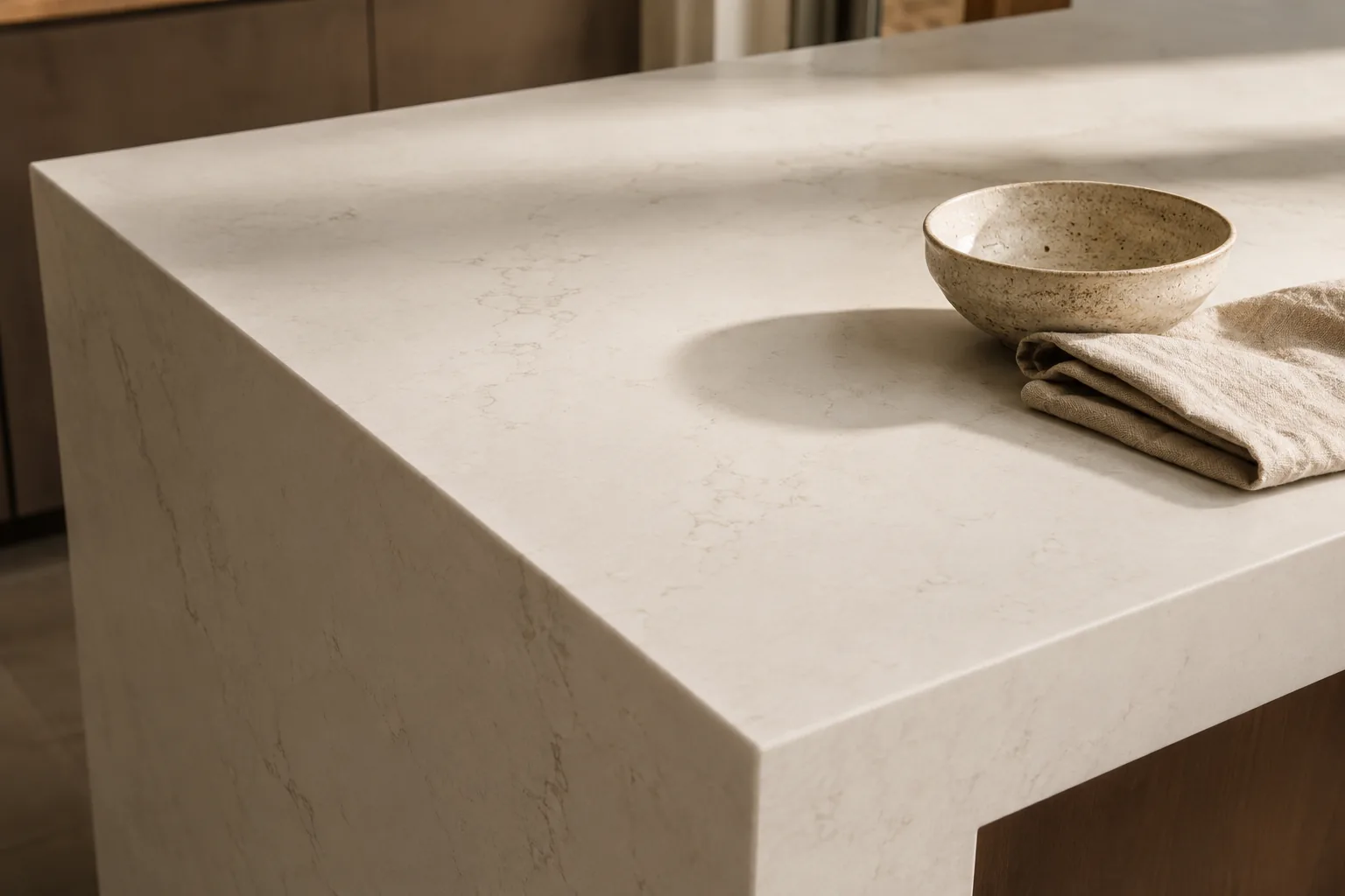 A large-format porcelain slab island with a thick mitered edge and a soft stone-look surface