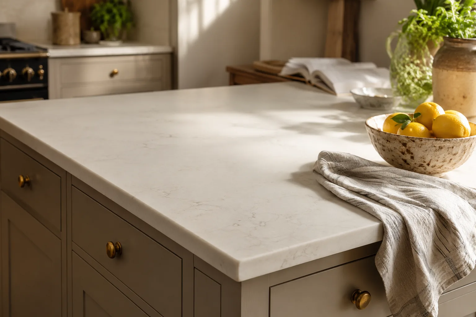 A pale engineered quartz countertop with soft gray veining on a warm greige island