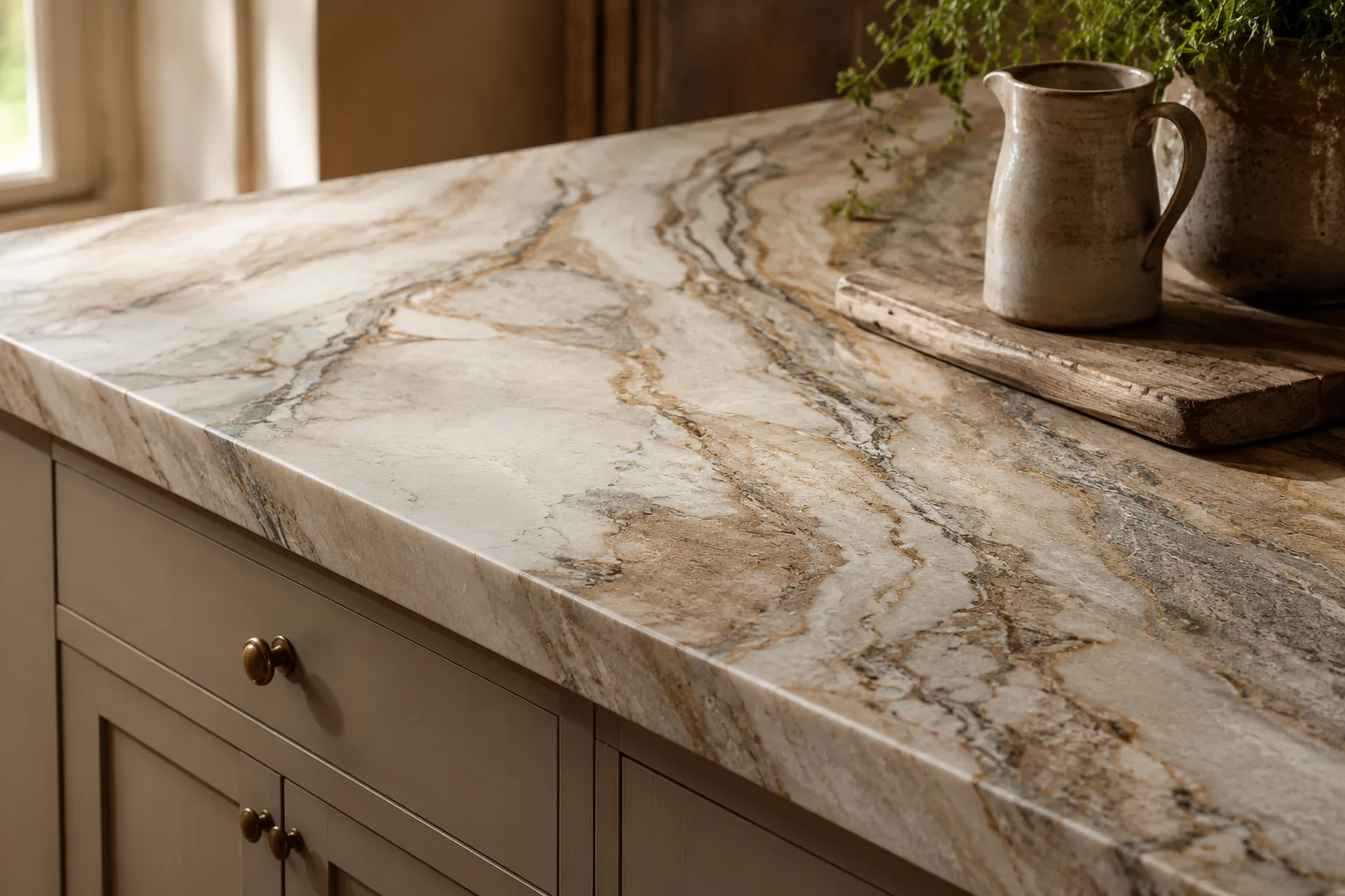 A quartzite countertop with dramatic cream, taupe and gray veining running across the slab