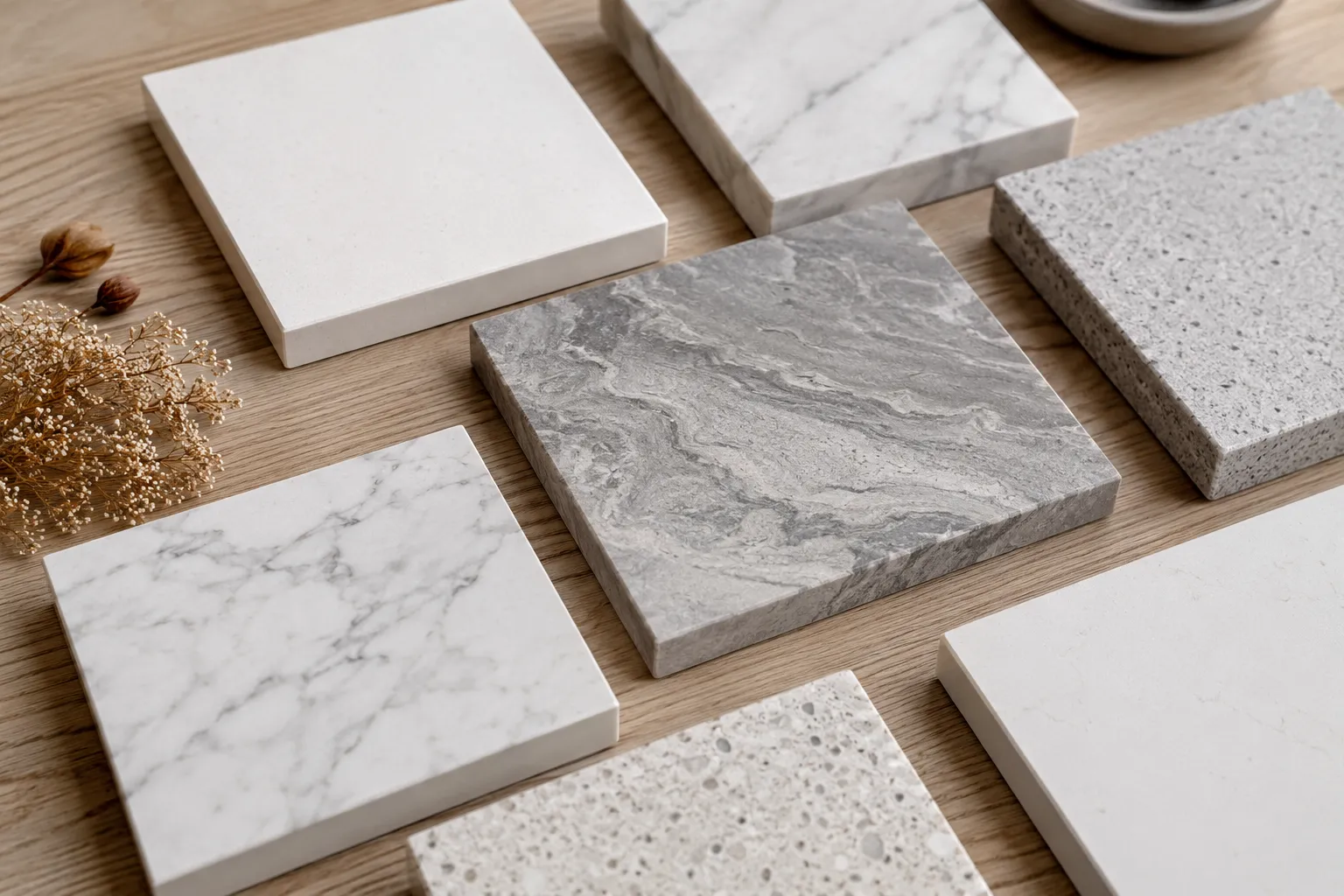 Square samples of marble, quartzite and quartz countertop material laid out on a wood surface