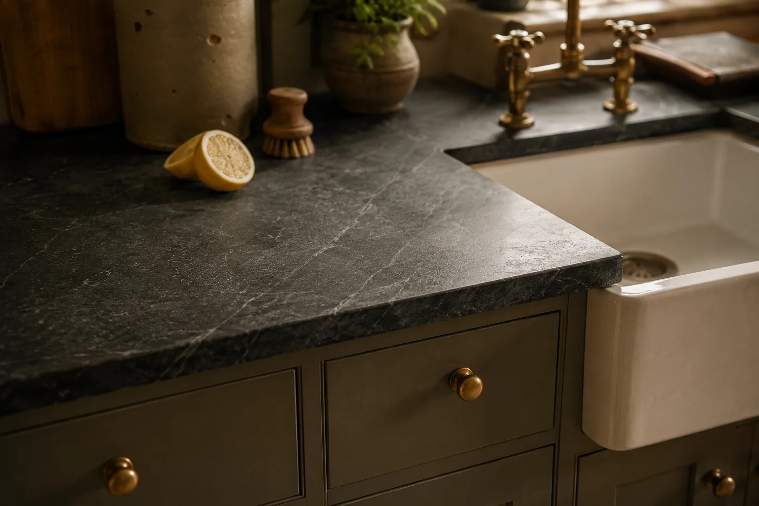A dark gray-green soapstone countertop with soft veining beside a white farmhouse sink and brass faucet