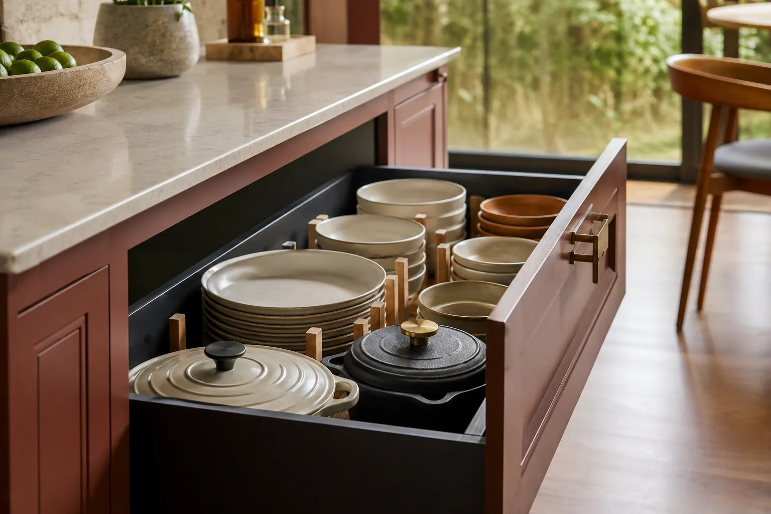 A deep kitchen drawer with peg dividers organizing plates, bowls, and pots