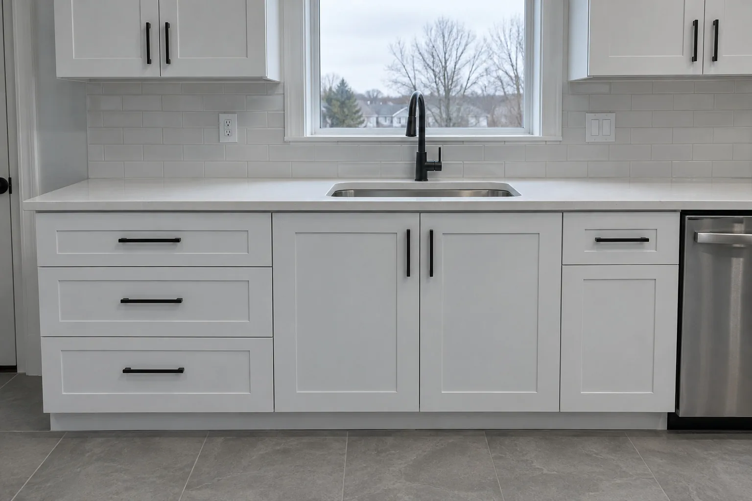 White full-overlay shaker cabinets with matte black bar pulls, a three-drawer stack and a two-door sink base under a white countertop