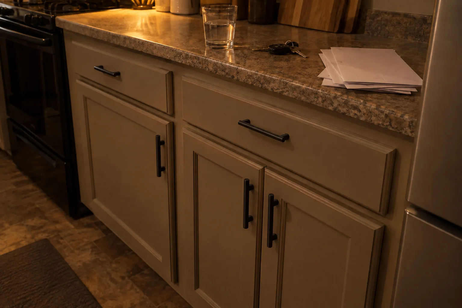 Greige base cabinets with stepped-edge overlay doors and drawer fronts and matte black bar pulls, giving an inset-style recessed look