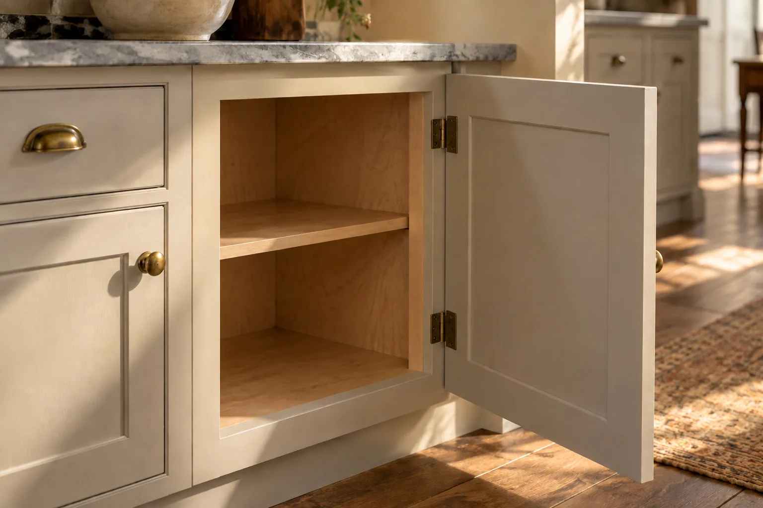 An open cream cabinet door on exposed brass hinges, showing the painted face frame around the opening and a natural wood interior with a shelf