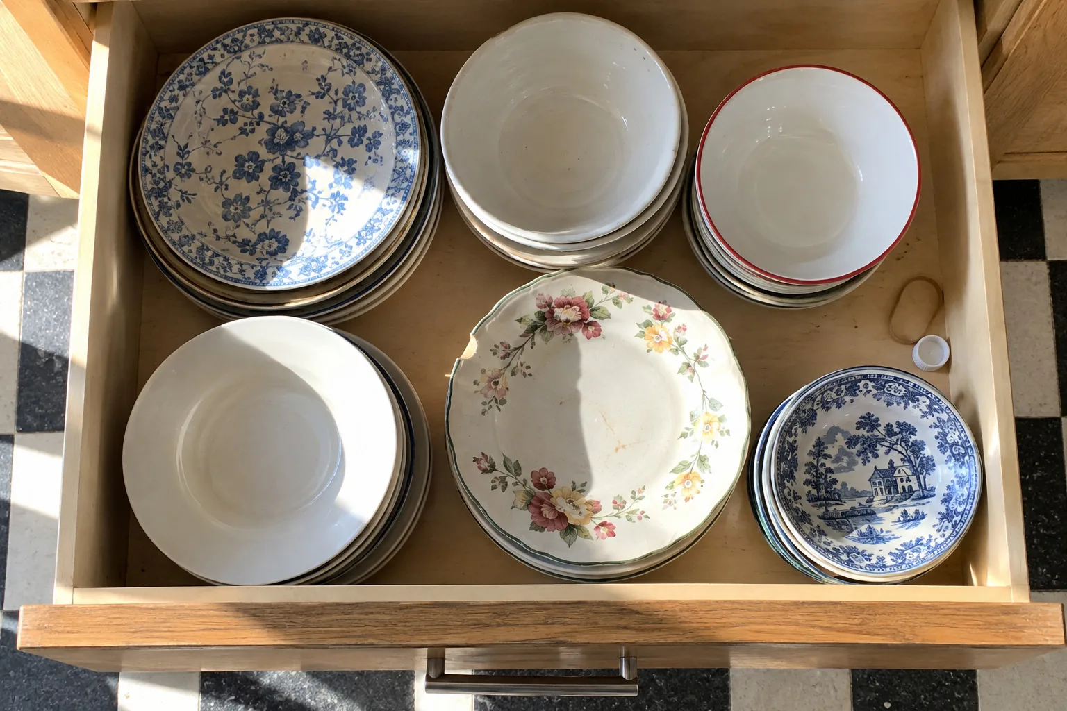Looking down into an open wood kitchen drawer packed with stacks of plates and bowls