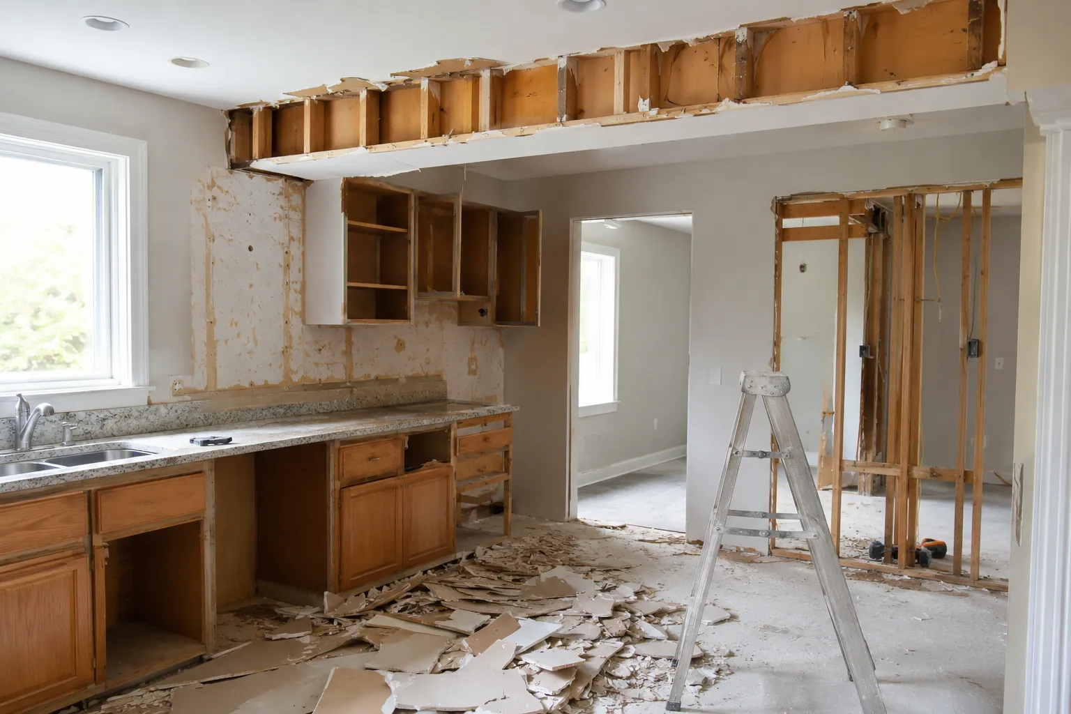 A kitchen mid-demolition with drywall removed, exposing wall studs and framing