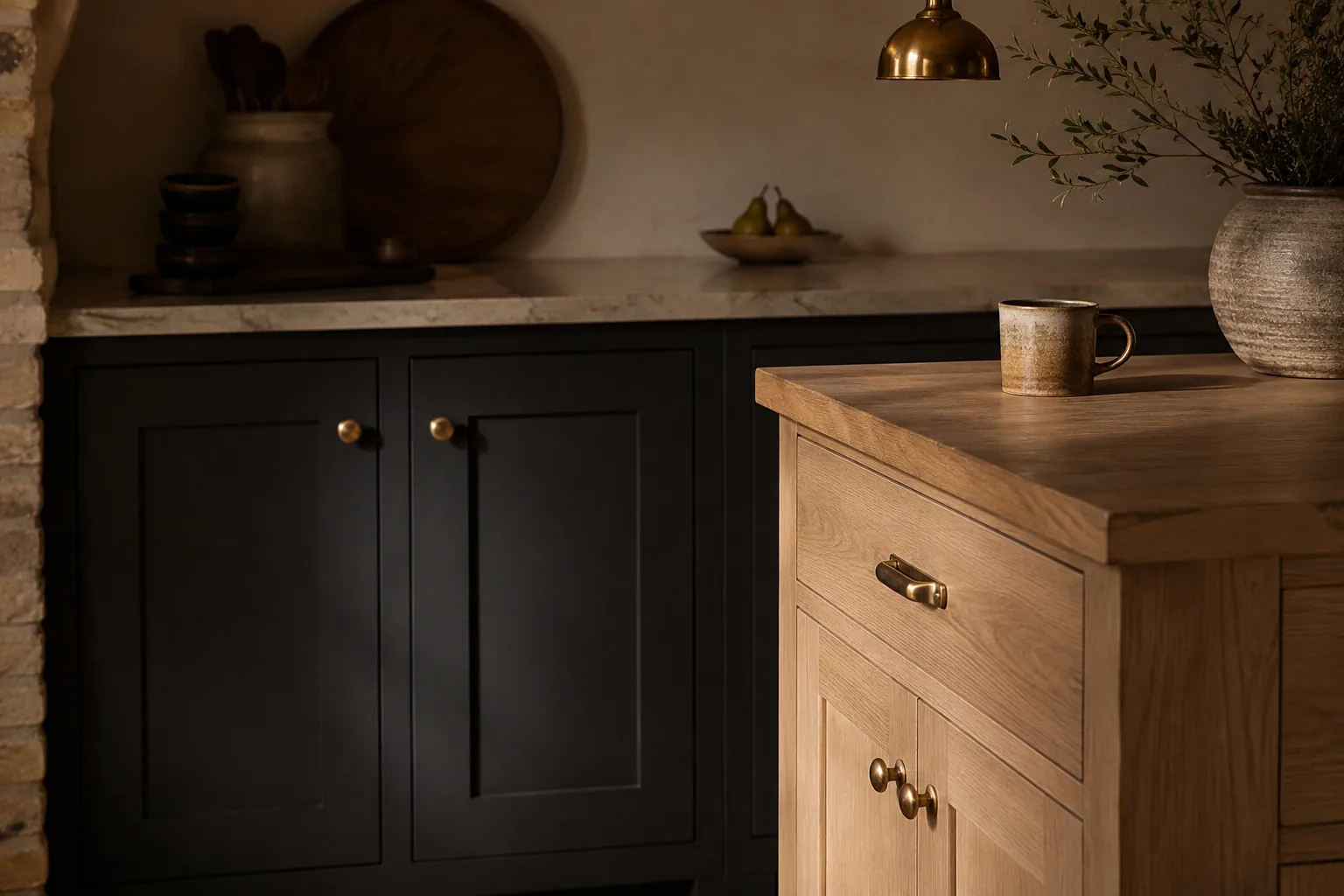 Charcoal cabinetry paired with natural white oak in a warm, moody kitchen