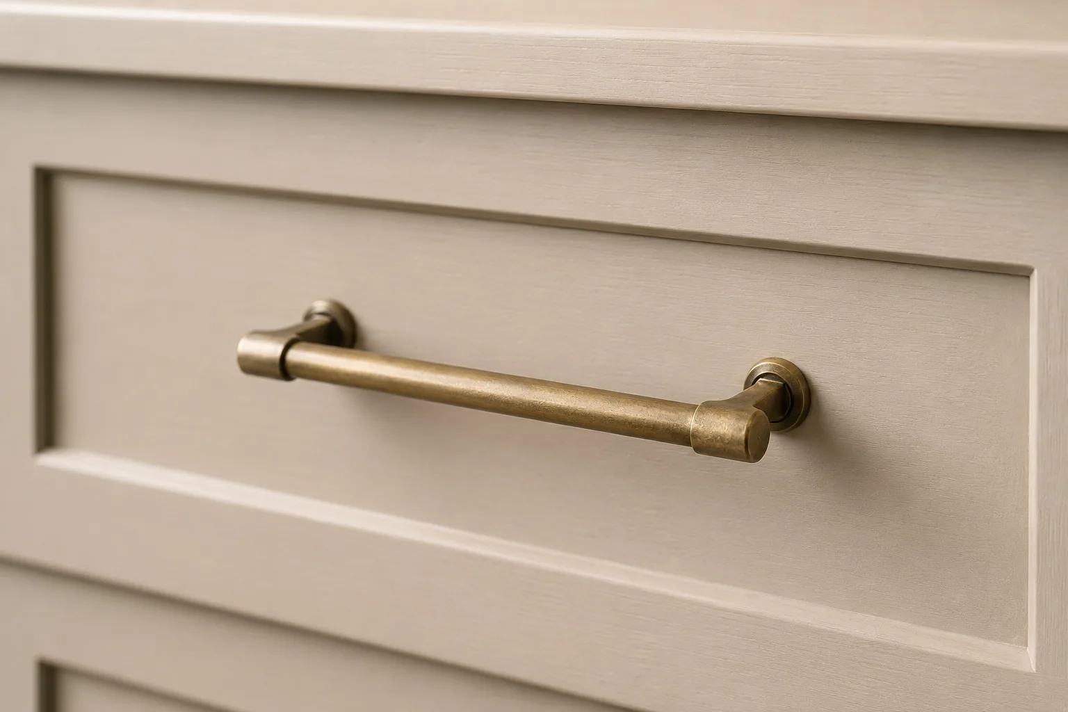A close-up of an aged brass bar pull on a pale shaker drawer front