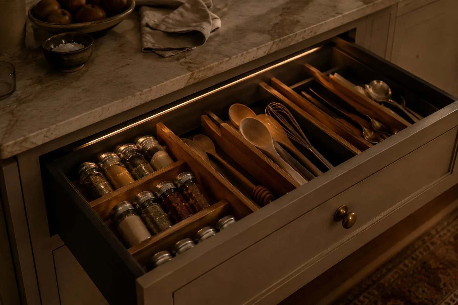An organized kitchen drawer with wood dividers holding utensils and spice jars
