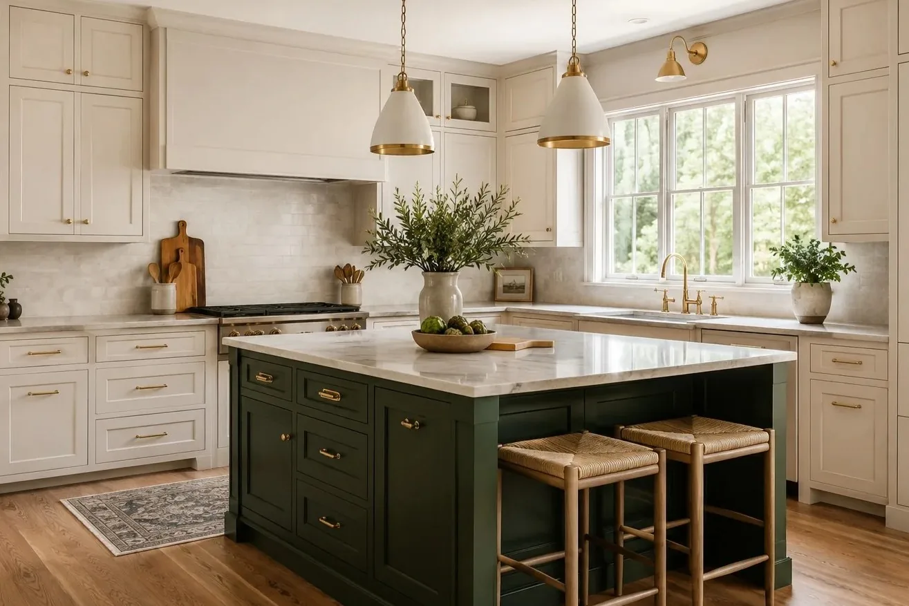 A two-tone kitchen with cream perimeter cabinets and a deep green island