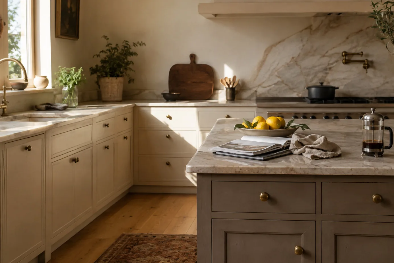 A warm cream-and-taupe kitchen with a stone-topped island in soft natural light