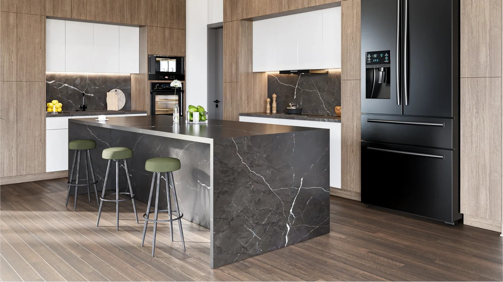 Fabuwood kitchen with a black marble waterfall island and frameless cabinetry