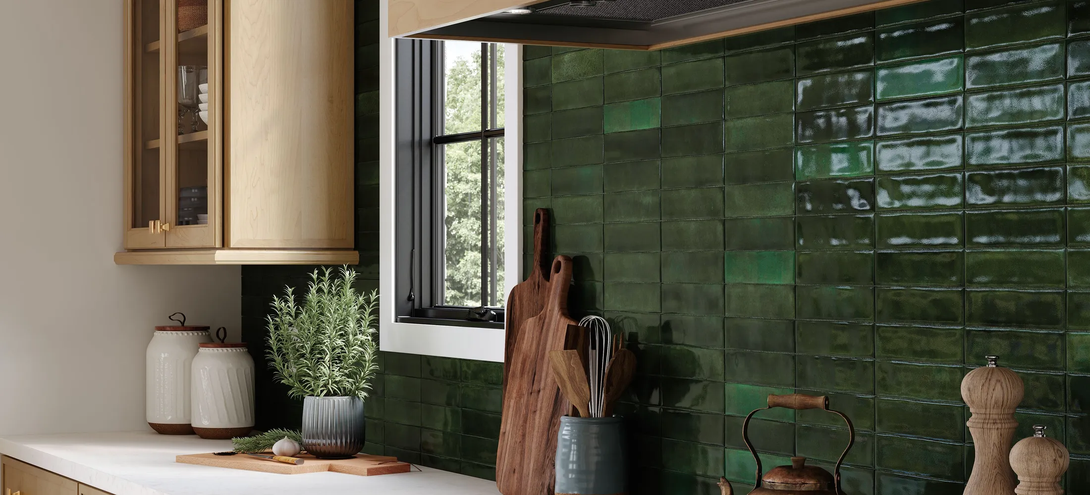 Kemper kitchen with natural wood cabinetry and a green tile backsplash