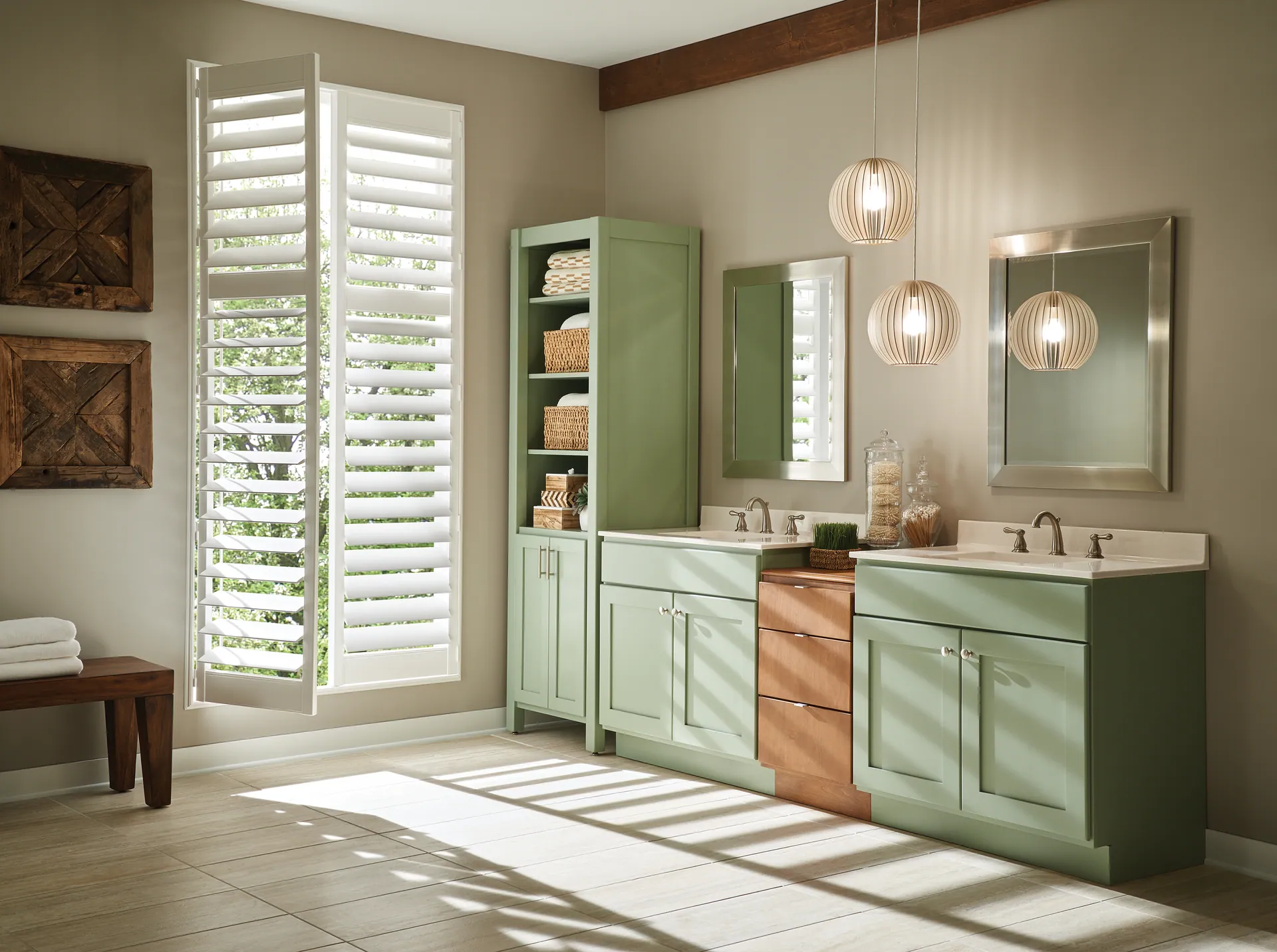 Sage-green and natural-wood double vanity in a bright, spa-calm bathroom