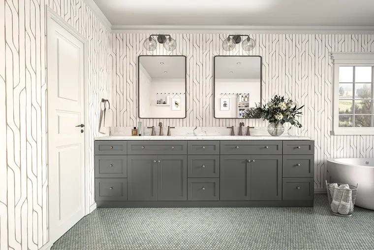 Spacious gray double vanity with a patterned feature wall