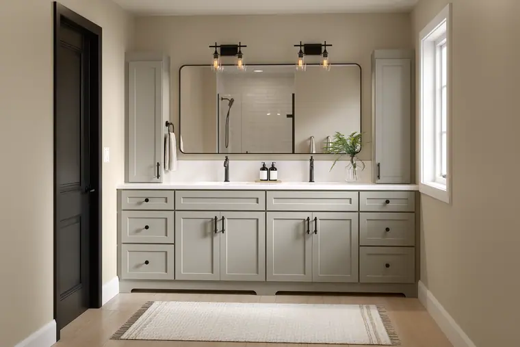 Gray double vanity in a bright bathroom