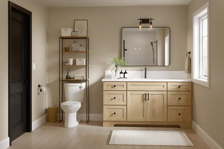 Natural maple bathroom vanity with a large mirror