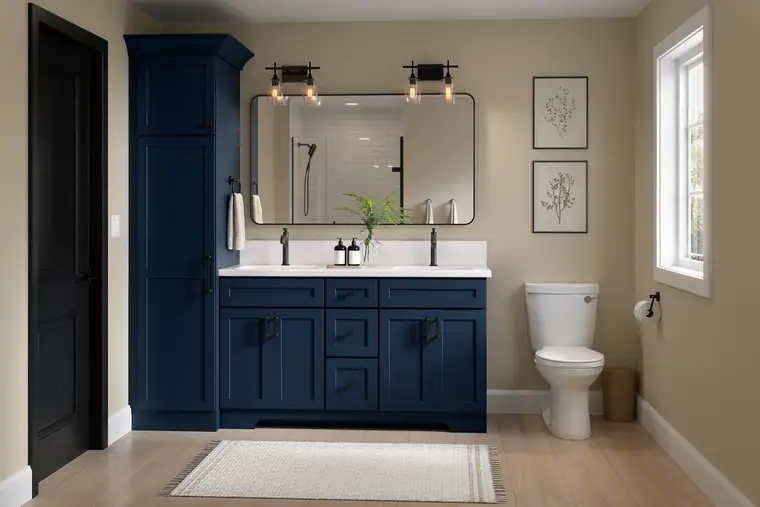 Navy and gray bathroom vanity