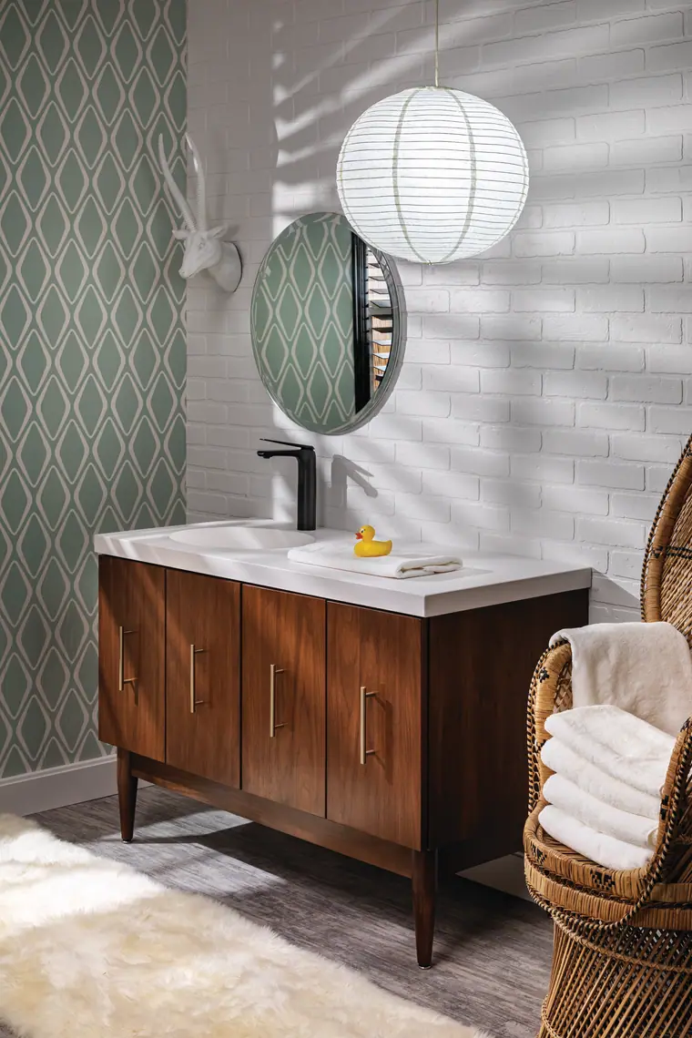 Mid-century walnut vanity with a patterned wall