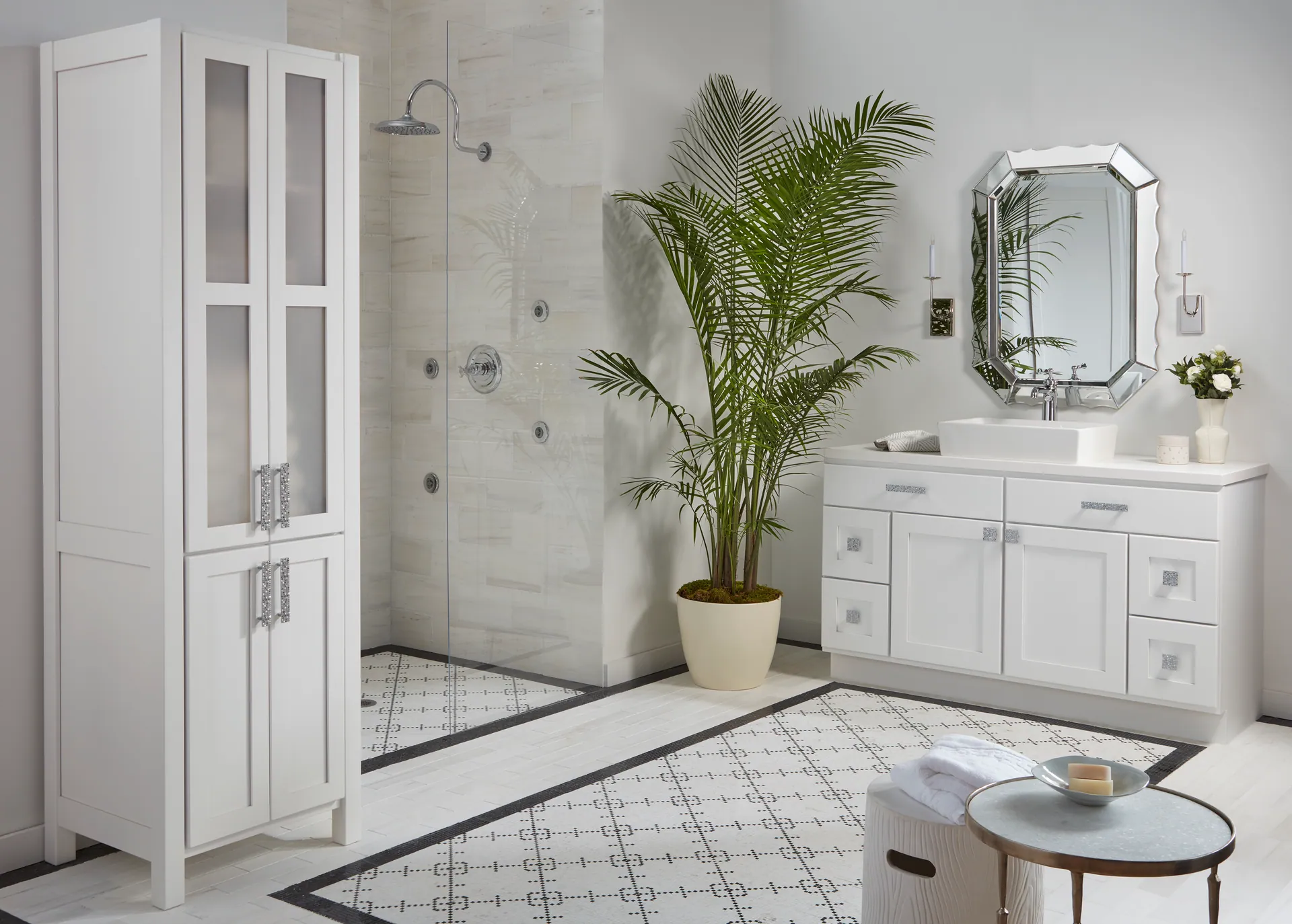 Bright, spa-calm bathroom with a glass walk-in shower and marble tile