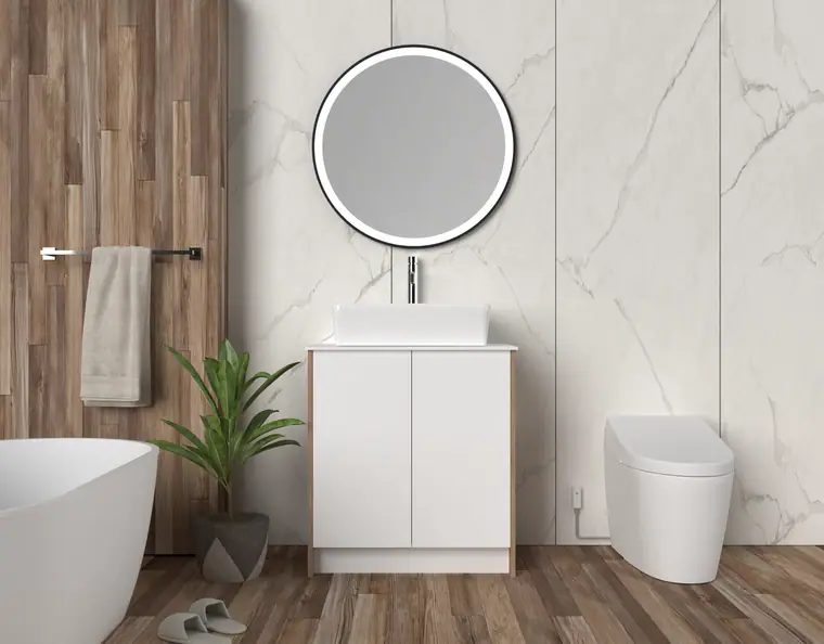 White Fabuwood vanity with a wood-and-marble wall and freestanding tub