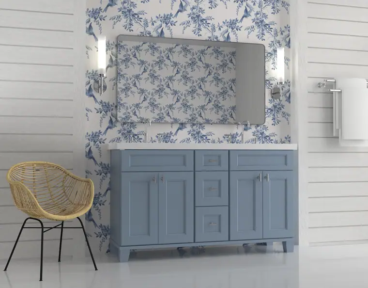 Blue-gray Fabuwood vanity with floral wallpaper