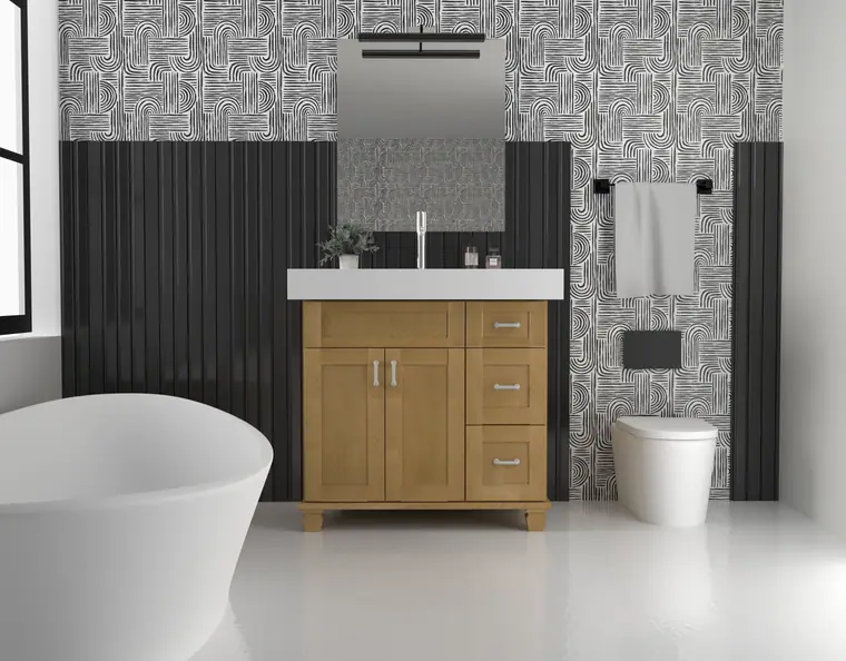 Wood Fabuwood vanity with a black fluted feature wall