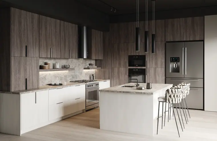 Dark wood and white Fabuwood kitchen with a modern island
