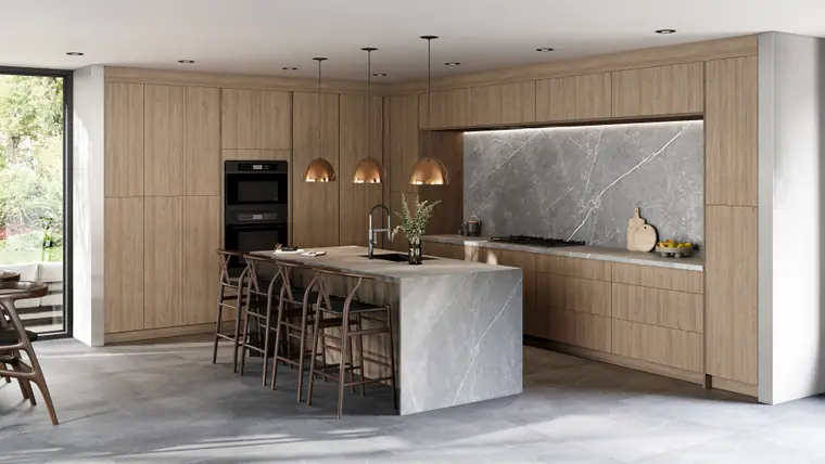 Warm elm-and-hickory Fabuwood kitchen with a stone island