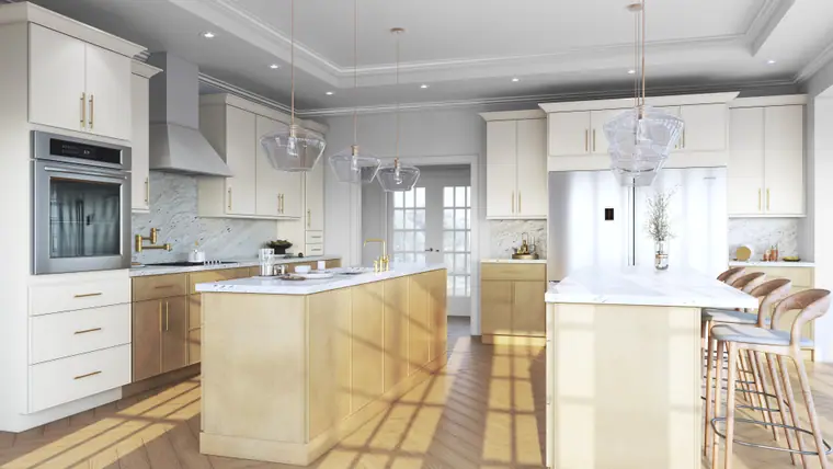 Bright white-and-wood Fabuwood kitchen with an island