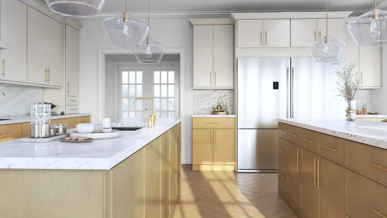 Cream Fabuwood kitchen with a wood island and marble backsplash