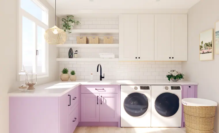 Playful orchid-purple Fabuwood laundry and kitchen cabinetry
