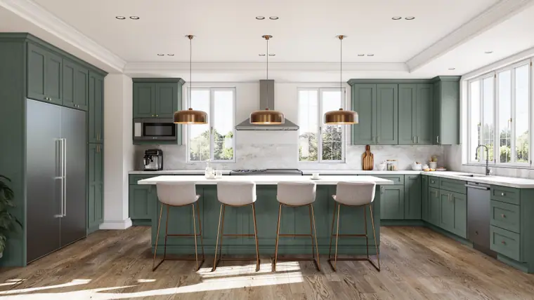 Deep green Fabuwood kitchen with a large island