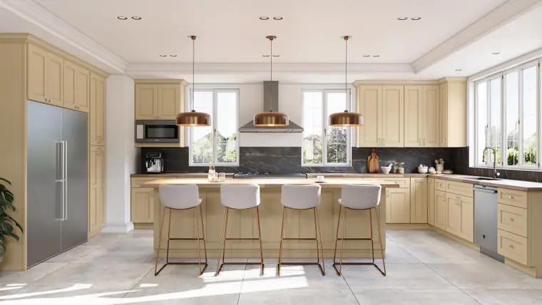 Warm biscuit-tan Fabuwood kitchen with copper pendants