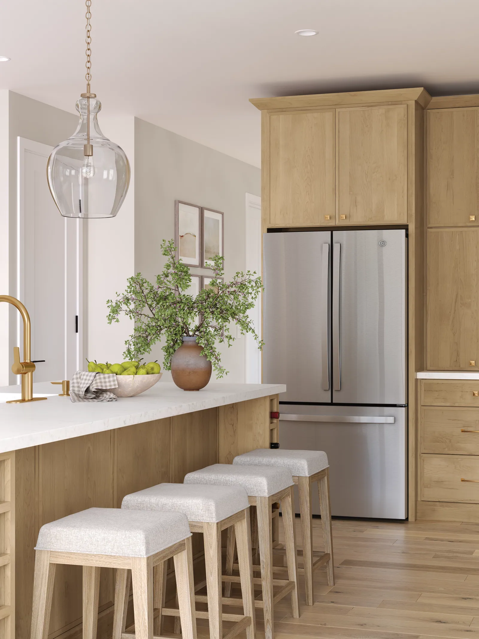 A kitchen island with counter-height stools and open walkways on either side