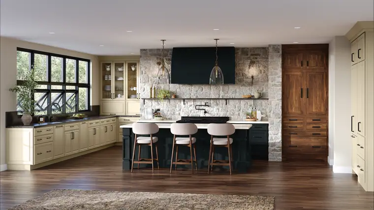 Cream navy island stone kitchen