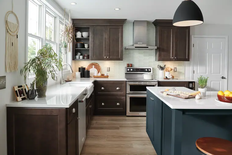 Espresso navy island kitchen