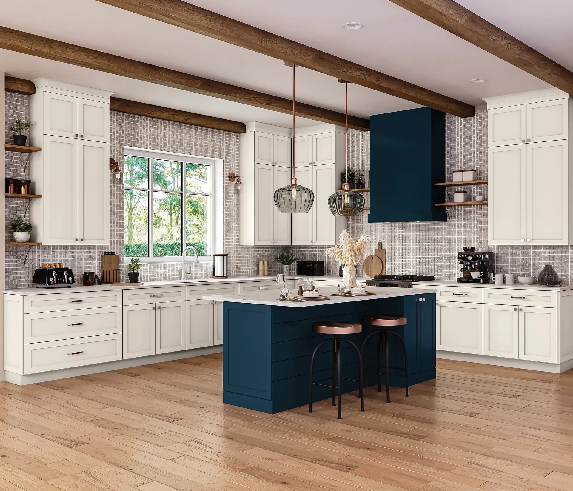Farmhouse kitchen with white cabinetry, a navy island, and exposed wood ceiling beams