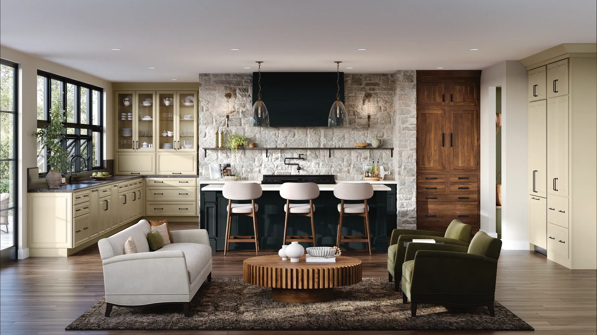 Open-concept transitional kitchen with cream cabinetry, a navy island, and a natural stone backsplash