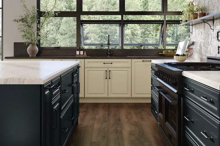 Cream kitchen with a statement black range and island