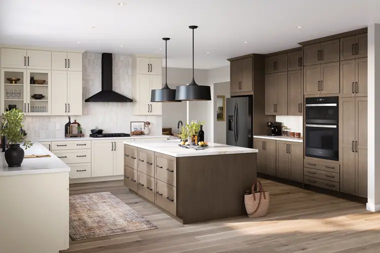 Cream and driftwood kitchen with a black range hood and island