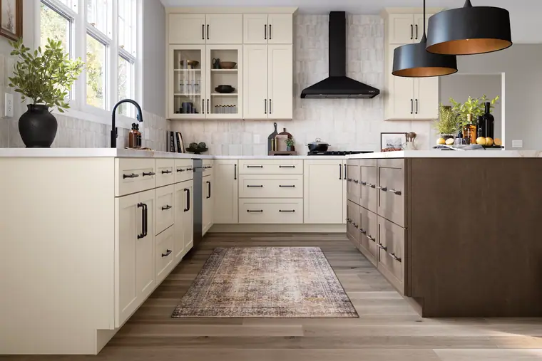 Cream kitchen with a black hood and large windows