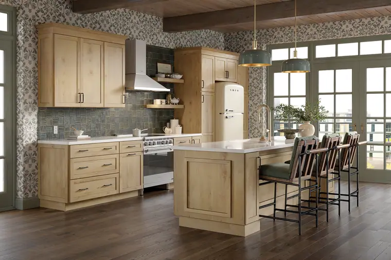 Driftwood kitchen with green tile and a retro range